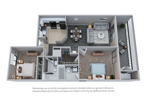 Floor plan for 2 beds, 2 baths, 975 sqft